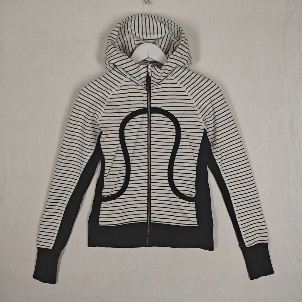 Lululemon Scuba Full Zip Hoodie Black White Striped Size 6 Logo Thumbholes